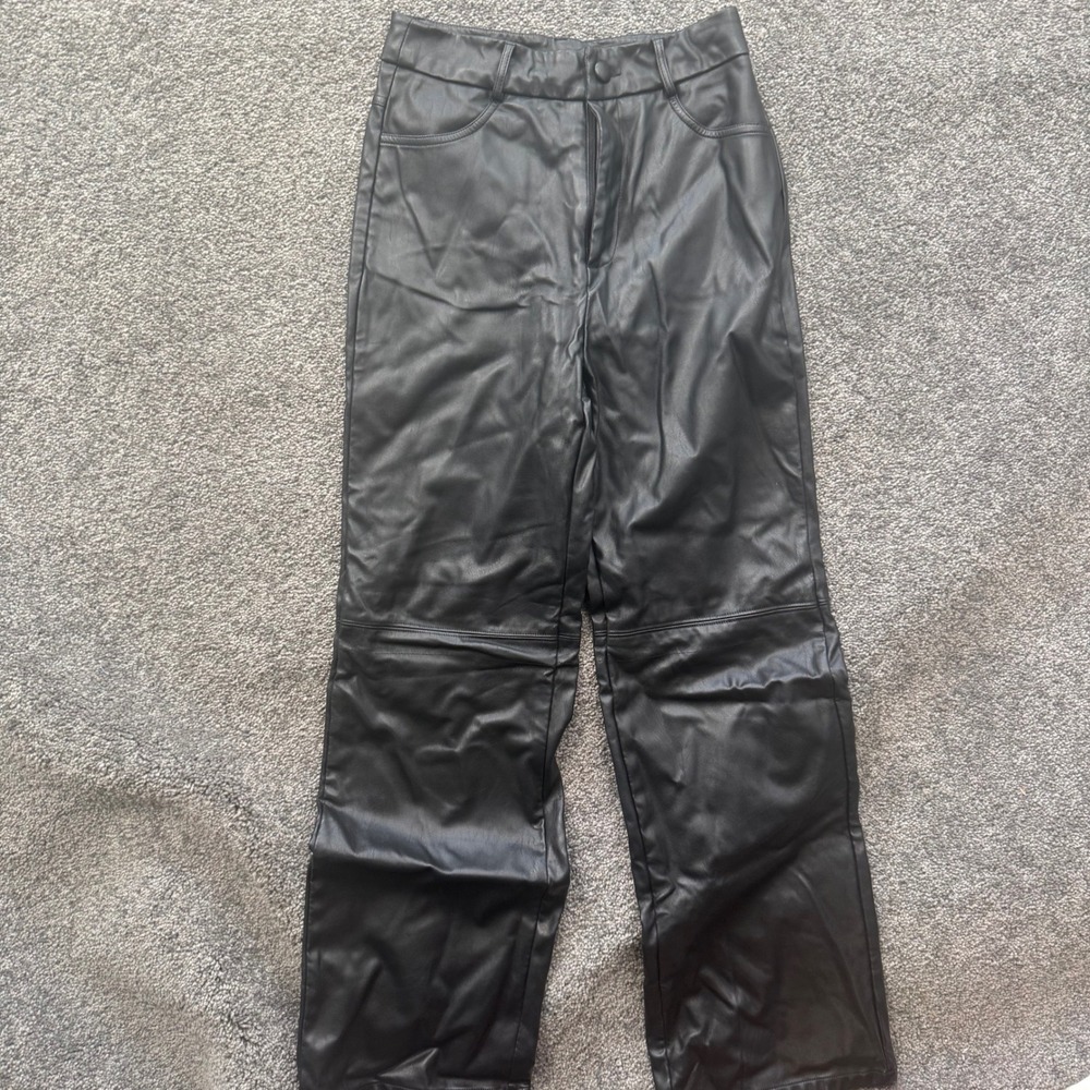 SHEIN Petite XS Black Faux Leather High Waisted Straight Leg Pants JIT8625128